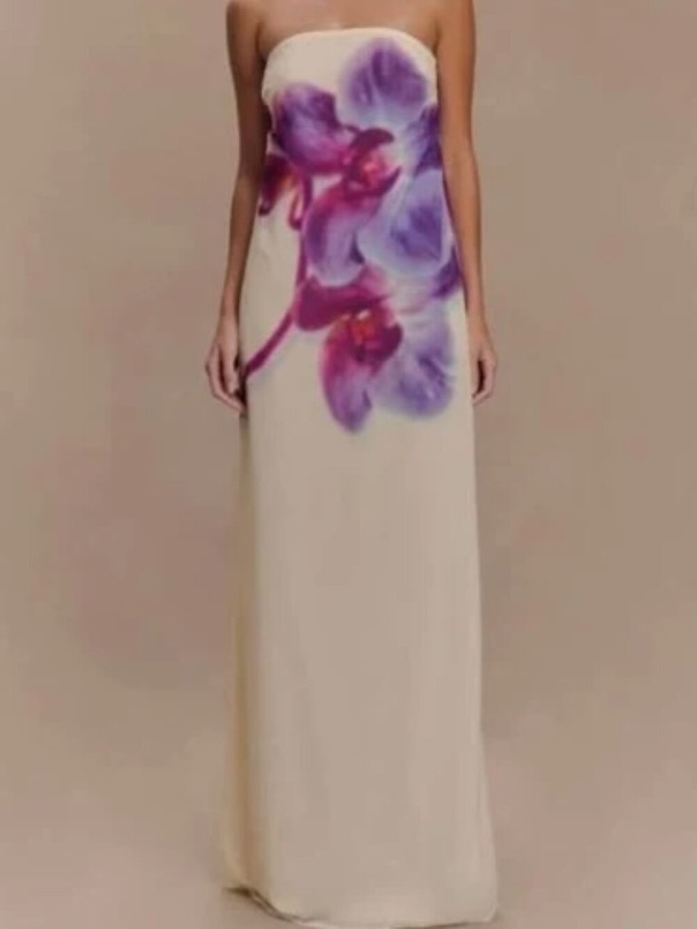 Amaya Strapless Chiffon Maxi Dress - Ivory Koi Orchid Print